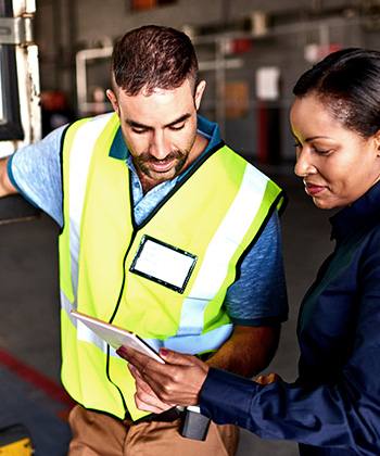 Prepare to avoid risks woman showing tablet to man in high-vis