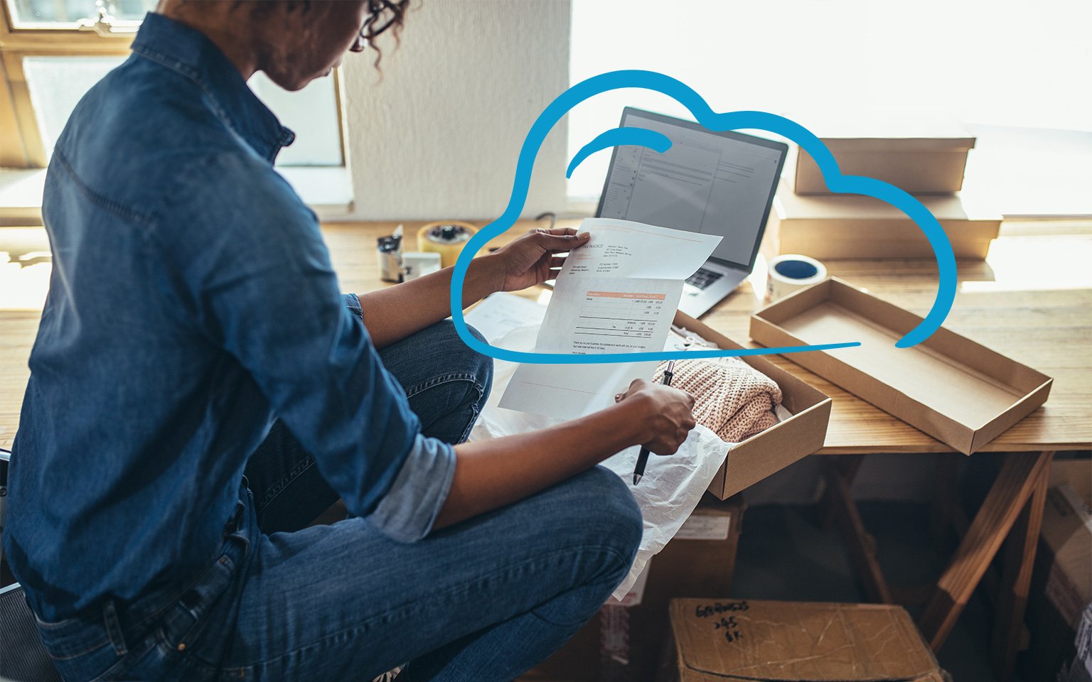 woman checking paper invoice